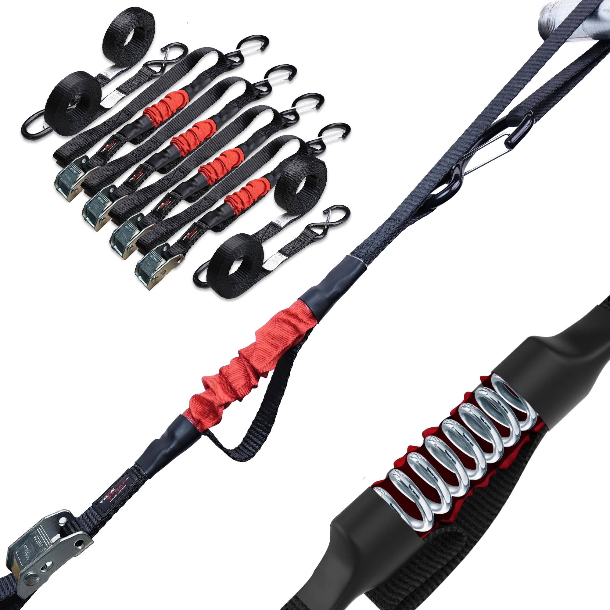 Torkstrap M500 | 14' X 1'' Self Tensioning Tie Down Straps - Automatically Adapt To Load Shifts - 1500Lb Break Strength - Pull Alternative To Ratchet Straps - Integrated Soft Loops & Hooks (4-Pk)